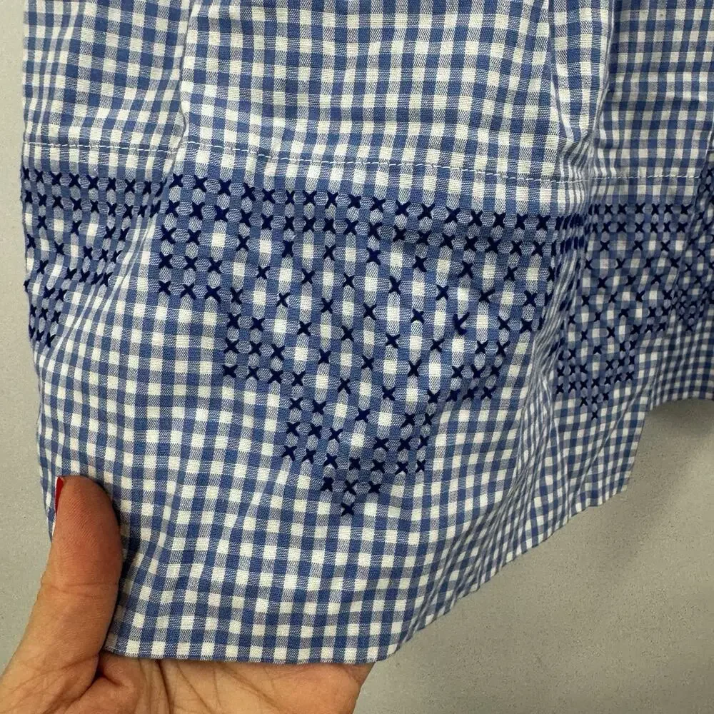 Vintage Waist Apron Needlepoint Embroidery Blue and White Gingham Tie Waist